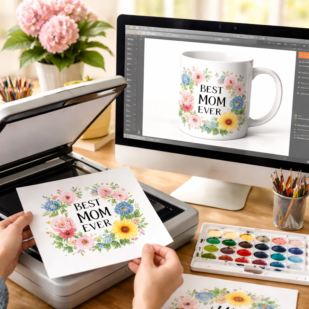 A photorealistic scene showing a watercolor design being scanned and placed onto a mug mock‑up on a computer screen, realistic lighting, targeting moms and teachers, alt: watercolor mug print on demand workflow