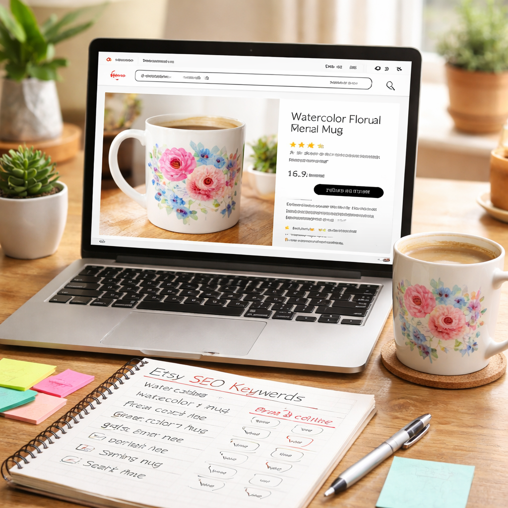 A photorealistic scene of a laptop screen showing an Etsy product listing for a watercolor mug, with keyword research notes and a coffee mug beside it. Alt: Watercolor mug print on demand SEO optimization.