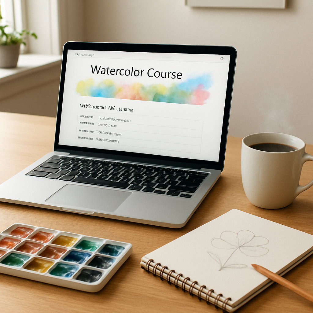 A photorealistic scene of a bright home studio with a laptop open to a watercolor course dashboard, a sketchbook with a pencil outline, a palette of wet watercolor paints, and a steaming mug of coffee on the desk. Alt: Watercolor painting online course setup in a realistic home studio.