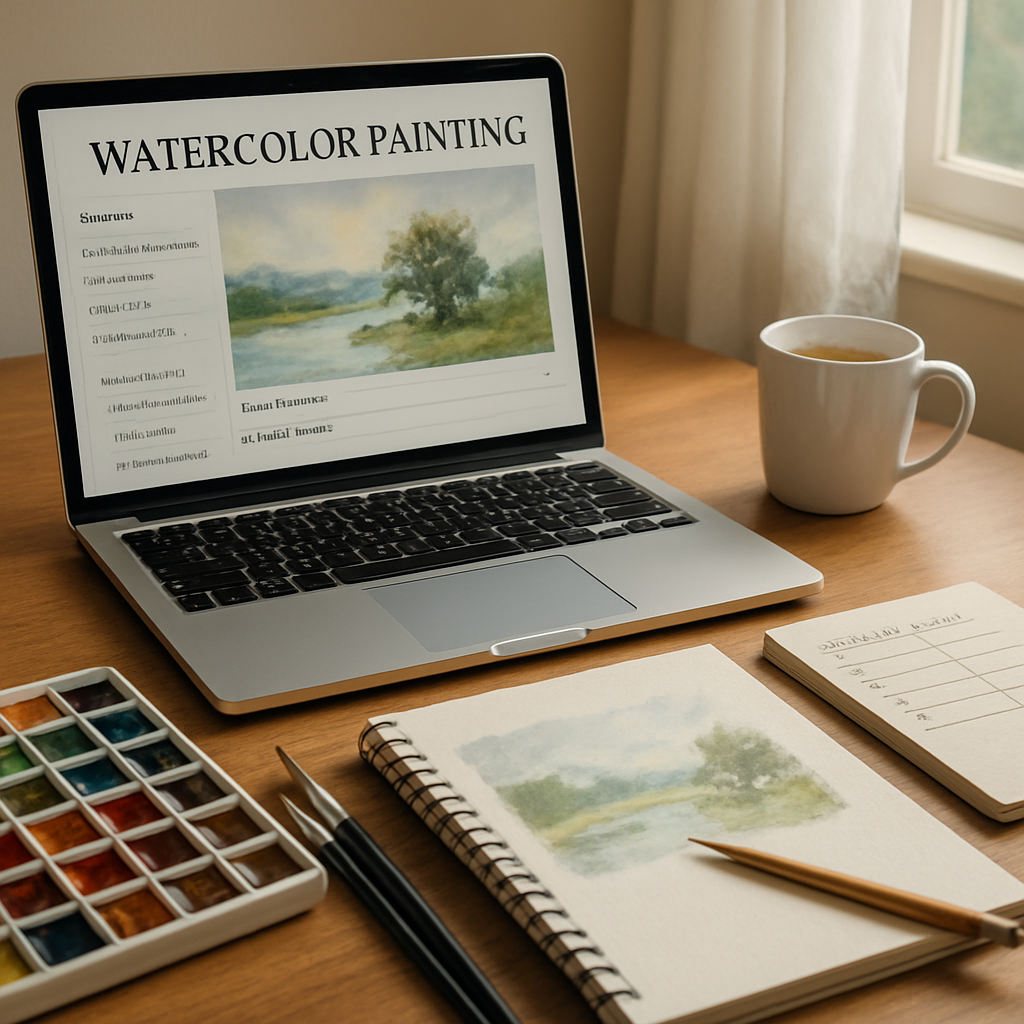 A photorealistic scene of a cozy home studio bathed in natural light, showing a laptop open to a watercolor painting online course dashboard, a sketchpad with a light pencil underdrawing, watercolor paints and brushes arranged neatly, a steaming mug of tea, and a notebook with a simple progress‑tracker table. Alt: Realistic image of a watercolor artist tracking progress in an online course.