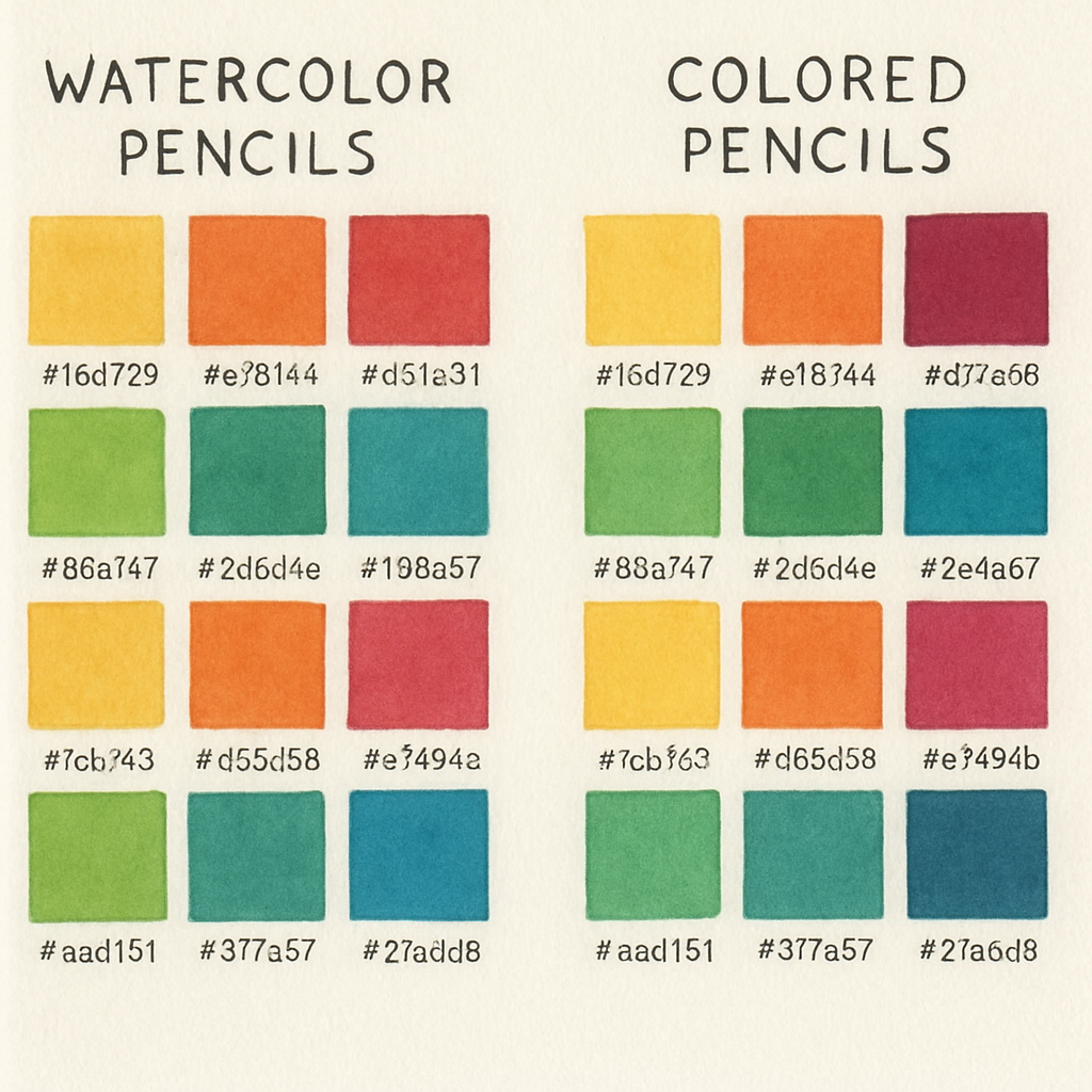 A side‑by‑side layout of watercolor pencils and colored pencils arranged in a color swatch grid, each square labeled with its hex code and pressure variation. Alt: Color swatches for watercolor pencils vs colored pencils
