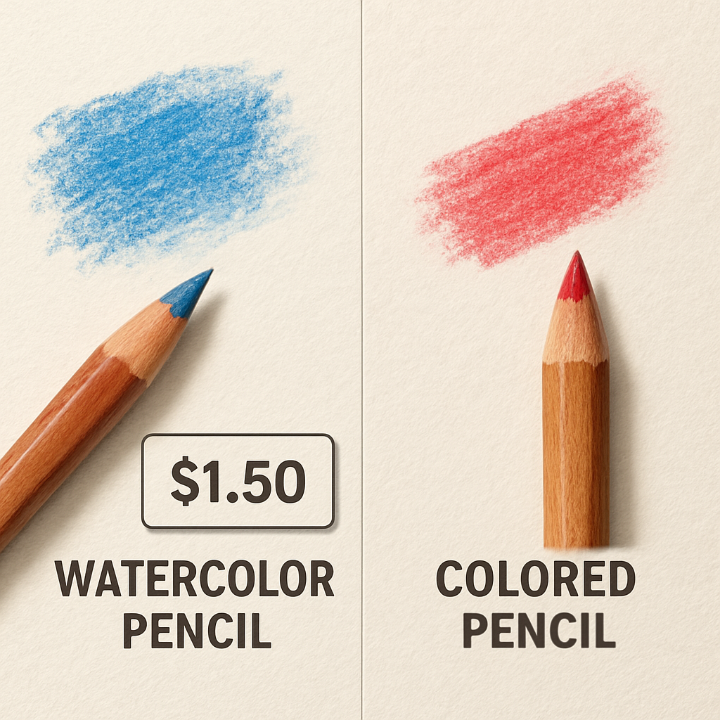 A side‑by‑side comparison of a watercolor pencil and a colored pencil, each on a separate sheet of paper, highlighting the different tip hardness, pigment spread, and price tags next to them. Alt: Price and durability comparison of watercolor vs. colored pencils.