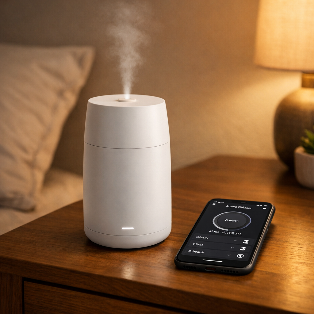 A sleek white waterless diffuser sitting on a wooden nightstand, no cords visible, with a smartphone next to it showing a control app. The room is softly lit, creating a calm atmosphere. Alt: cordless waterless essential oil diffuser on nightstand with app control