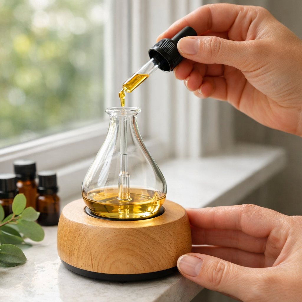 A person pouring essential oil from a small dropper bottle into a glass reservoir of a waterless diffuser. The diffuser is on a windowsill with natural light. No water involved. Alt: filling a waterless essential oil diffuser with pure oil
