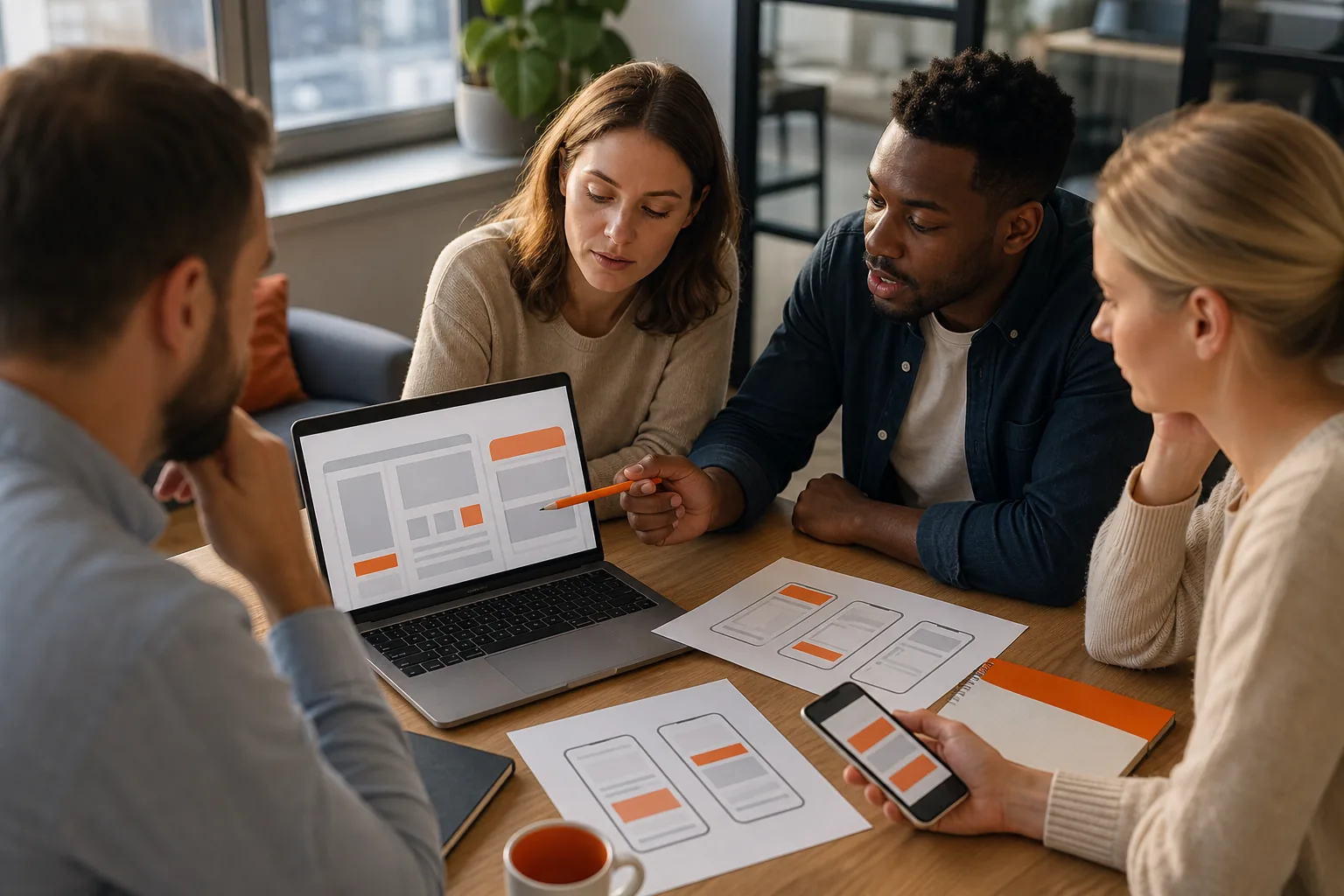 Business team planning a web app and mobile app for a US company.