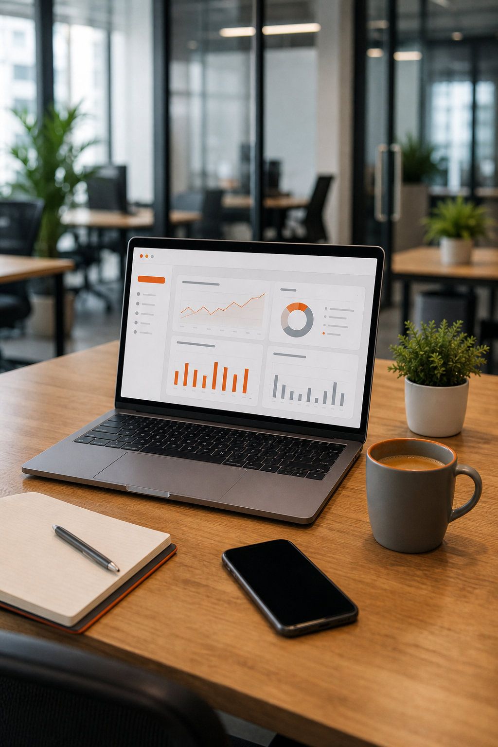 A photorealistic image of a modern office workspace with a laptop displaying a dashboard, mobile phone, and coffee, representing a mid-size business environment. Alt: Mid-size business workspace with custom web application on screen.