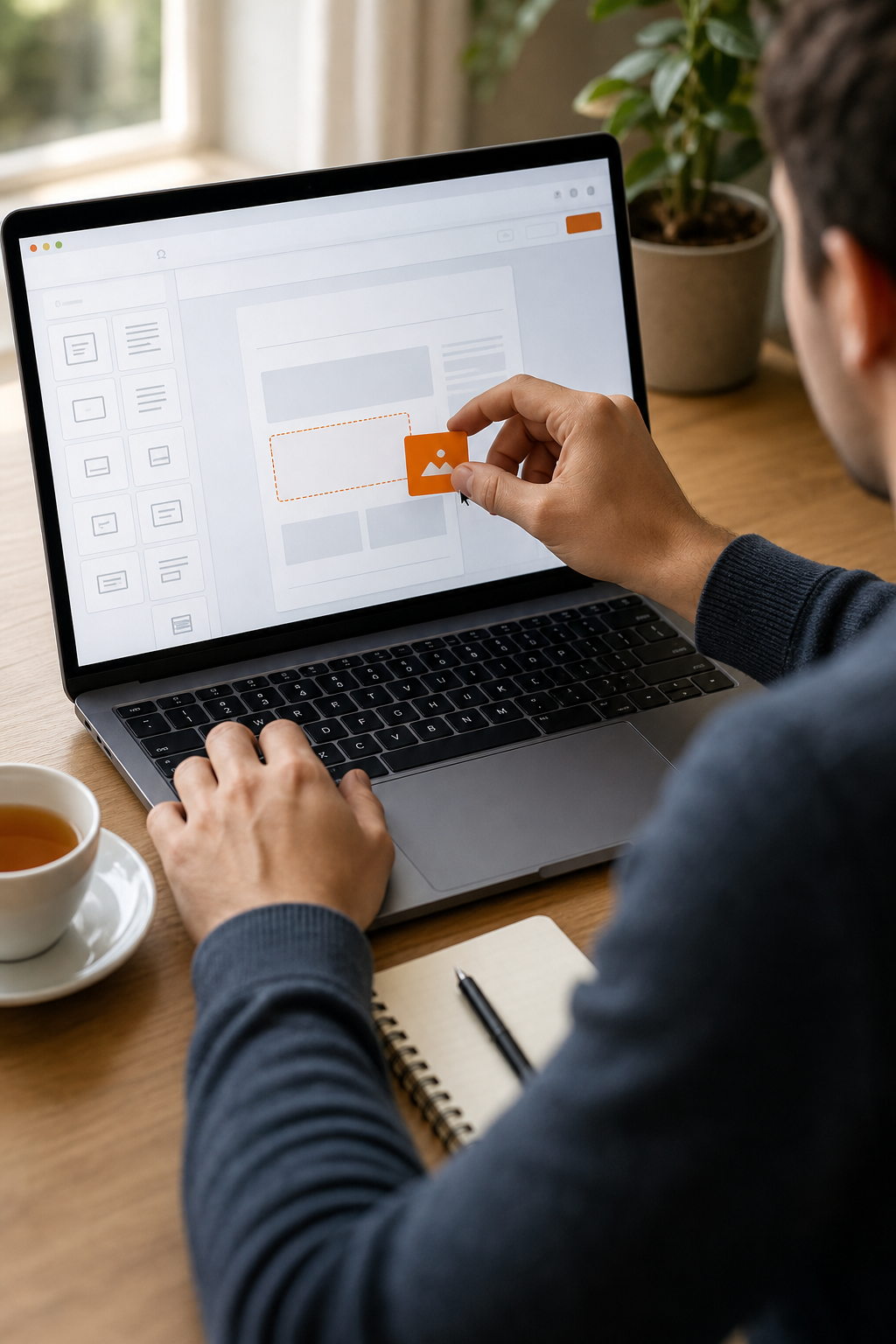 A photorealistic image of a person dragging and dropping blocks on a screen to build a simple app interface, with a cup of tea nearby. Alt: Person using a low-code platform to visually build a web application.