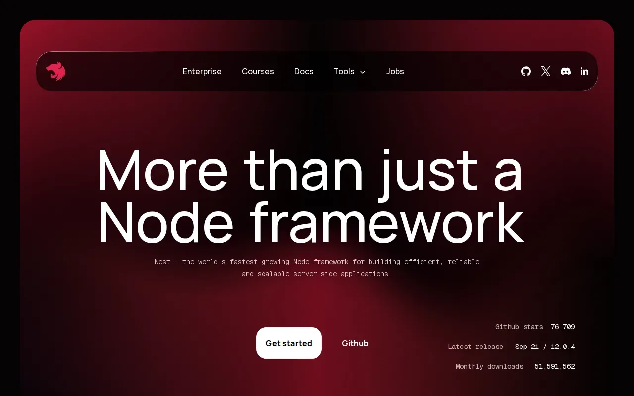 Screenshot of the NestJS website