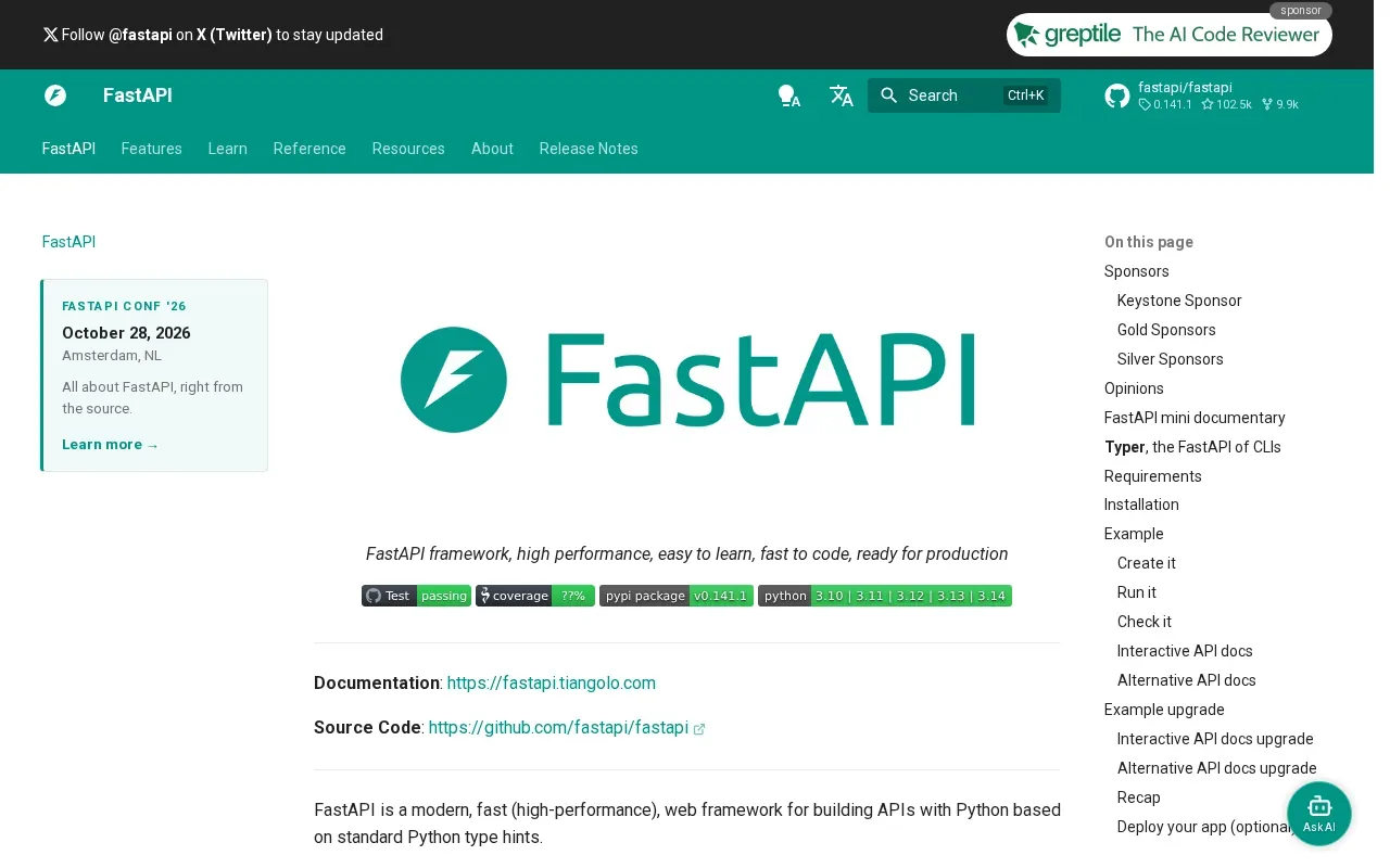 Screenshot of the FastAPI website