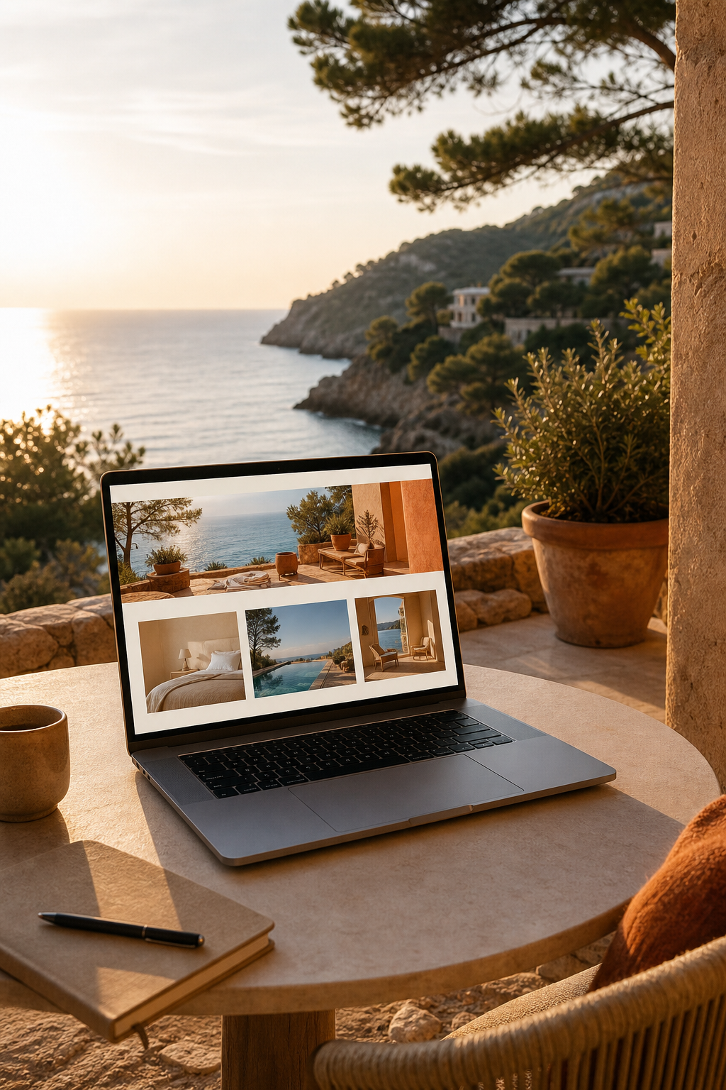 A photorealistic shot of a boutique hotel terrace overlooking the Mediterranean Sea at golden hour, with a laptop showing a beautifully designed hotel website. Alt: Boutique hotel web design Mallorca terracotta palette Mediterrranean view