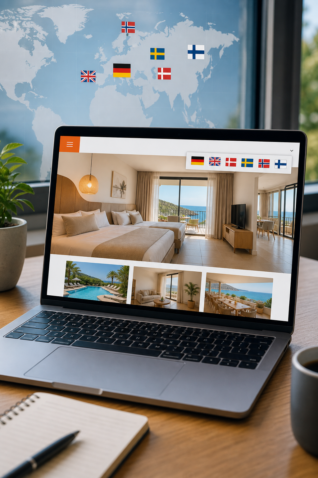 A world map with flags of Germany, UK, and Nordic countries overlaid on a laptop screen showing a multilingual hotel website with language switcher. Alt: Multilingual web design for boutique hotels Mallorca flags DE EN