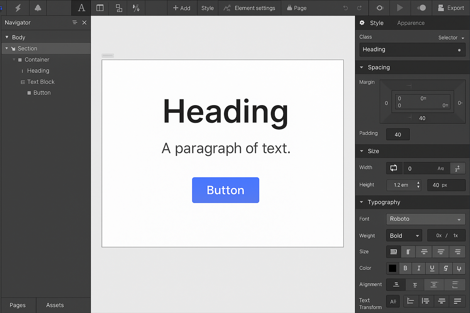 Captura de pantalla de la interfaz de Webflow mostrando el editor visual