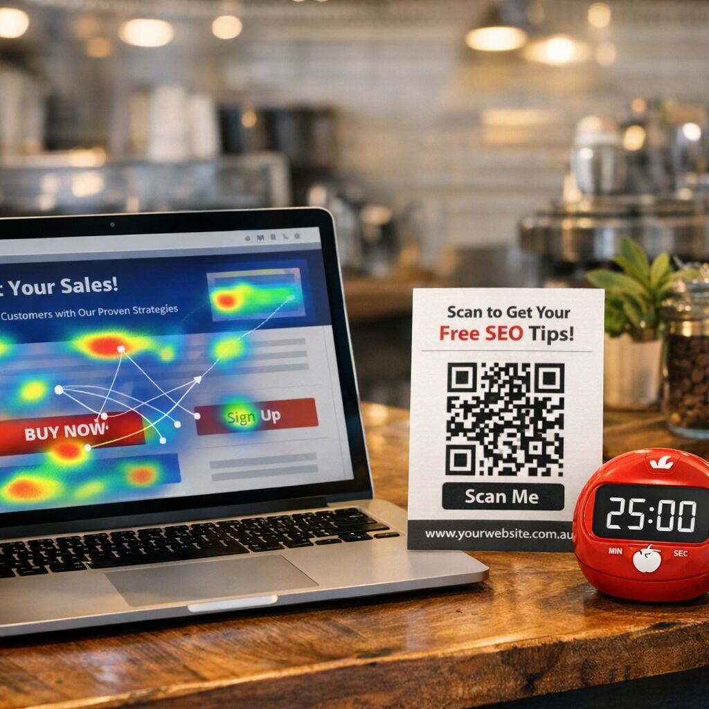 A laptop screen showing a website heat map with cursor trails, a QR‑coded flyer on a coffee shop counter, and a Pomodoro timer on the side. Alt: website conversion optimisation audit visual guide focusing on heat maps, QR codes, and focus timer.