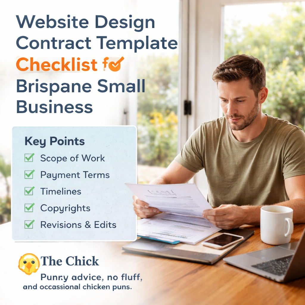 An Australian small‑business owner reviewing a printed website design contract template at a kitchen table, with a laptop and coffee beside them. Alt: website design contract template checklist for Brisbane small business.