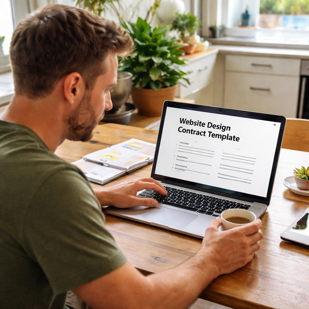 An Australian small‑business owner sitting at a kitchen table with a laptop, reviewing a website design contract template on screen. Alt: Australian small business owner reviewing website design contract template.