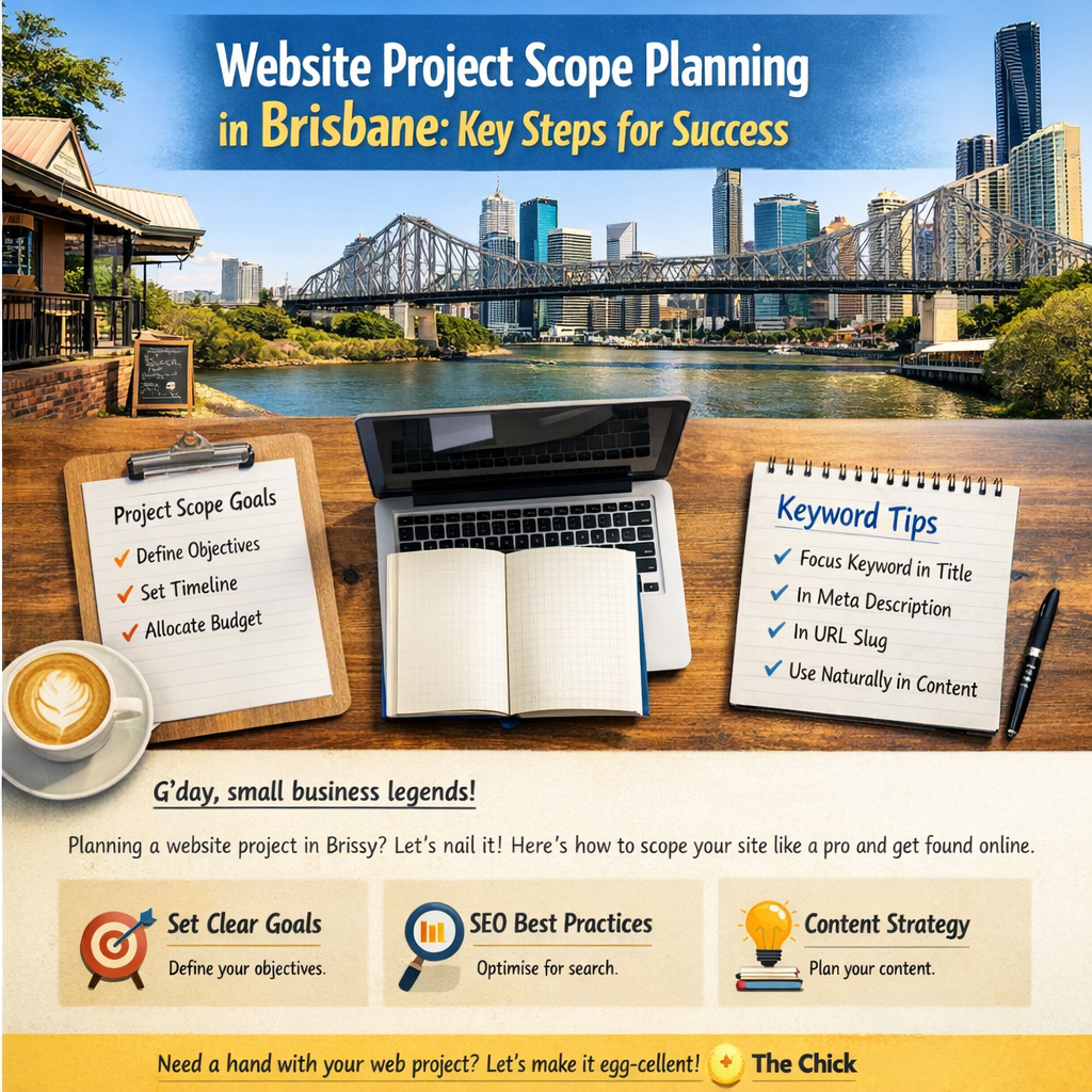 A descriptive prompt for an AI image generator, related to the surrounding text. Alt: Website design project scope planning in Brisbane, Australia. 