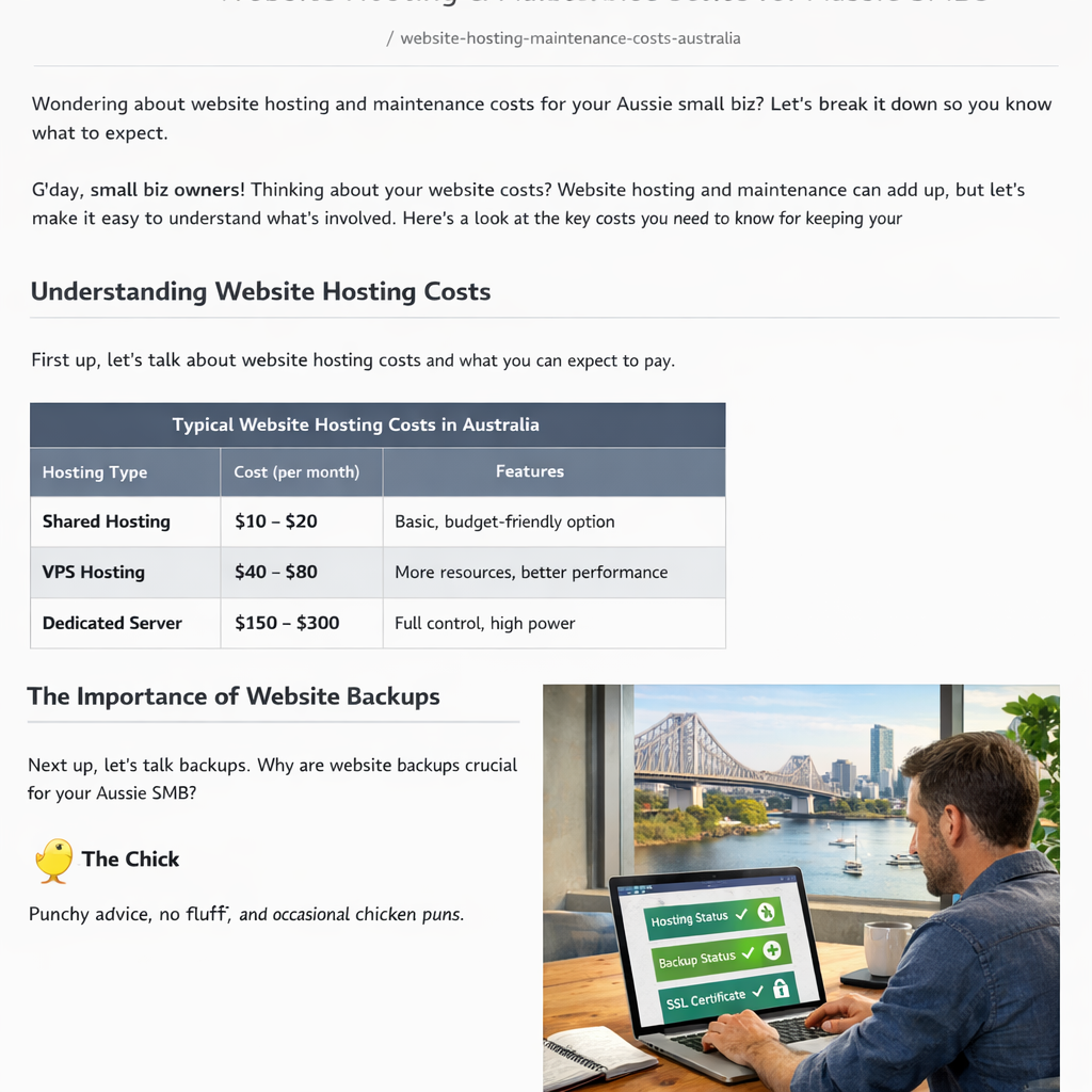 A small‑business owner in Brisbane checking a dashboard on a laptop, showing hosting, backup, and SSL status. Alt: website design cost calculator shows hosting and maintenance costs for Aussie SMBs.