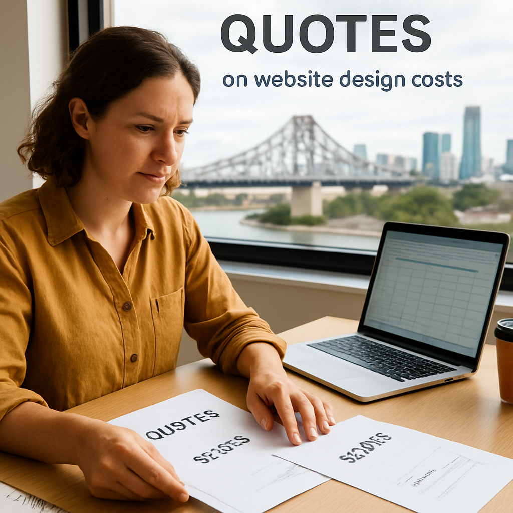 A small business owner in Brisbane comparing printed quotes on a desk, laptop open to a spreadsheet. Alt: website design cost negotiation image
