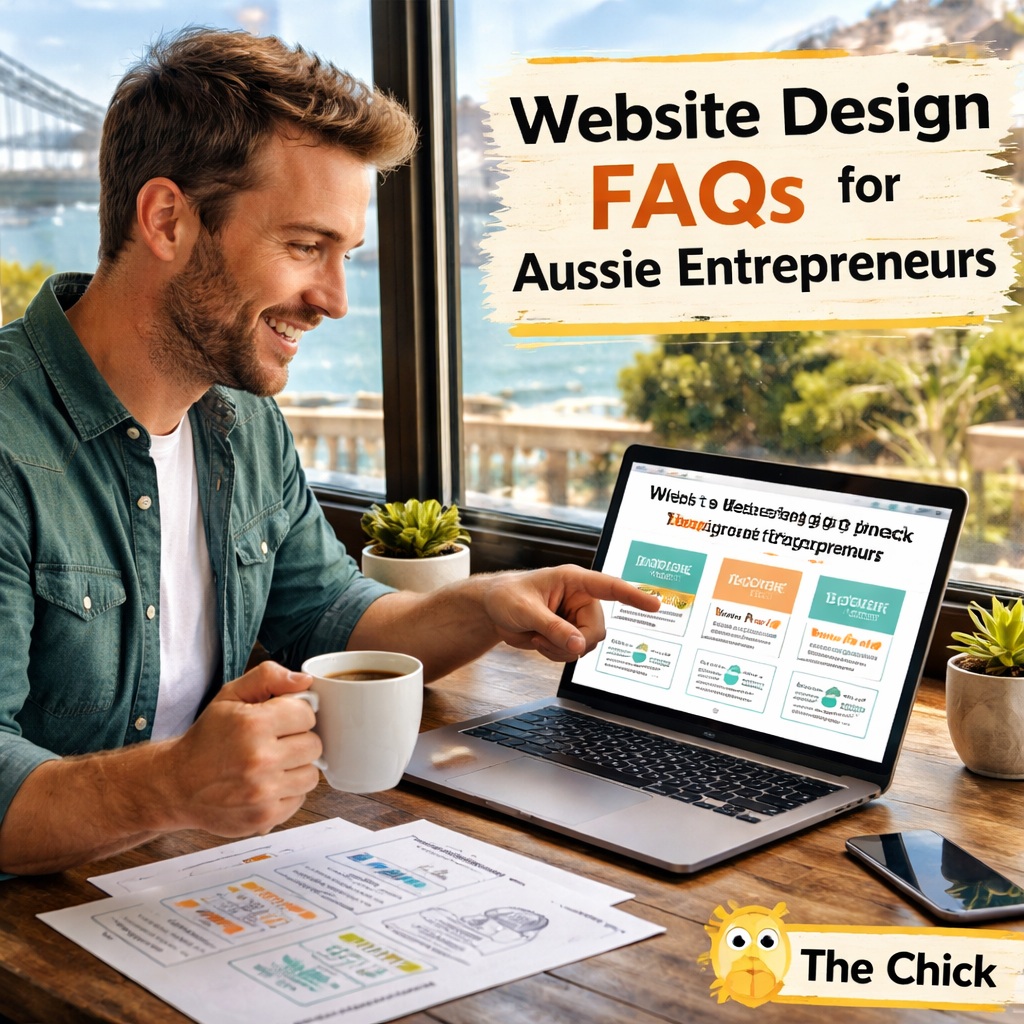 A friendly Australian small‑business owner reviewing a laptop screen with website design elements, coffee mug beside it. Alt: website design FAQs guide for Aussie entrepreneurs
