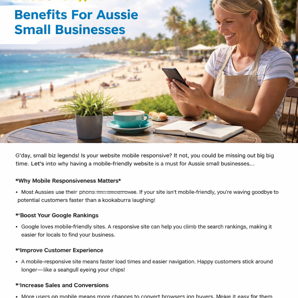 A small Australian café owner checking a responsive website on a smartphone at a beachfront table. Alt: Mobile responsive website example for Aussie small business