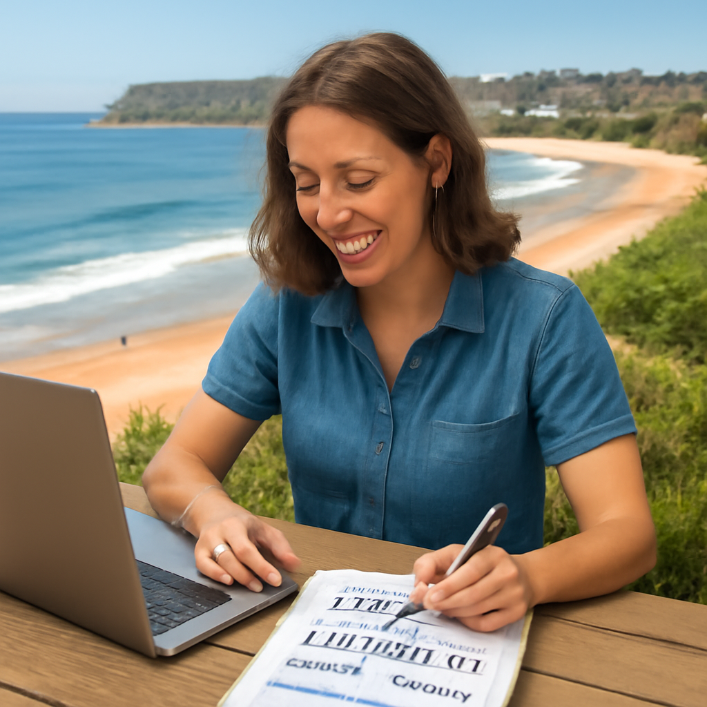 A coach sitting at a laptop, sketching brand elements on a notepad, with Australian coastline in background. Alt: Define coaching brand for website design for coaches