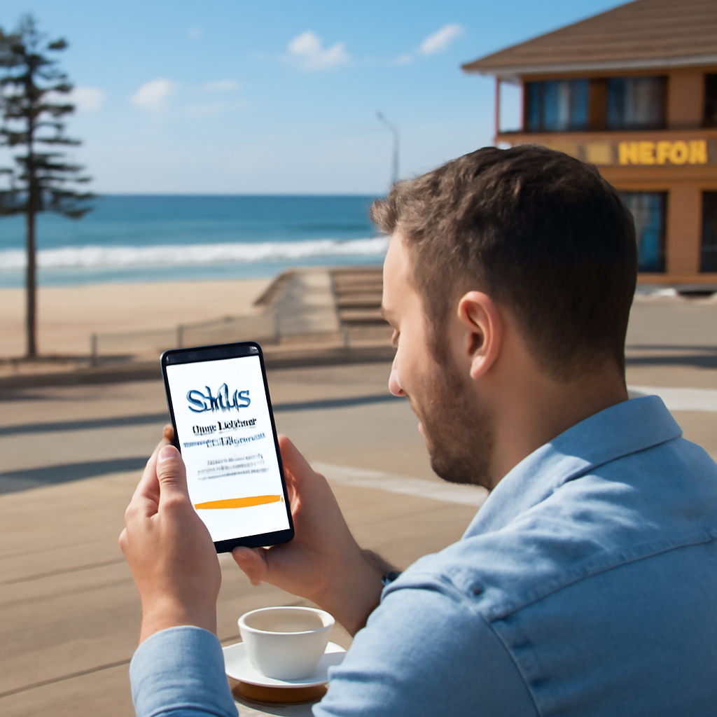 A coach checking a mobile website on a beachside café table, showing a clean, responsive layout with a bright CTA button. Alt: website design for coaches mobile optimisation example.