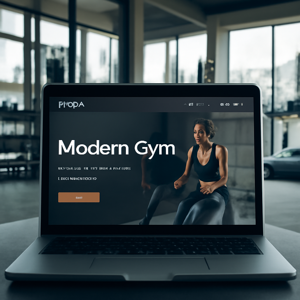 A modern gym interior with a sleek website mockup on a laptop screen. Alt: website design for gyms branding mockup.