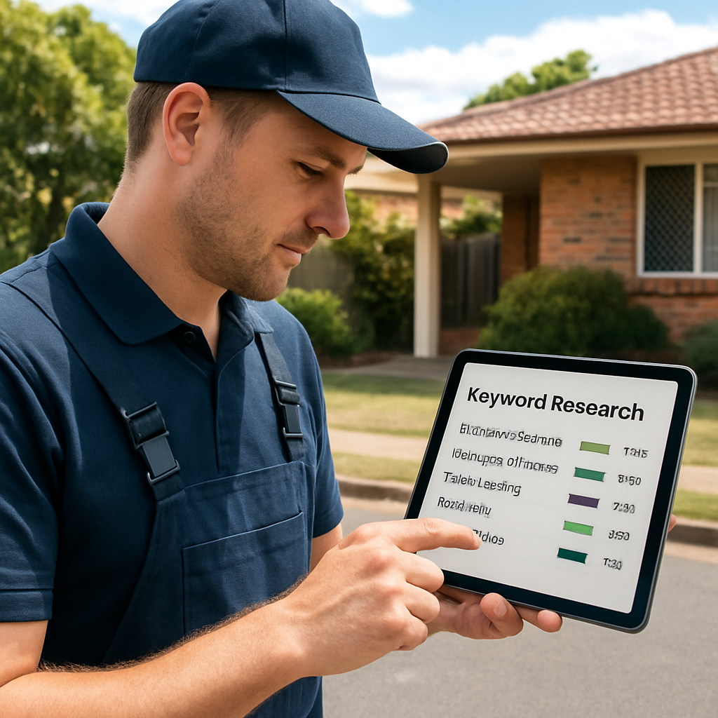A plumber in a Brisbane suburb checking a tablet with keyword research data on screen. Alt: website design for plumbers keyword research illustration.