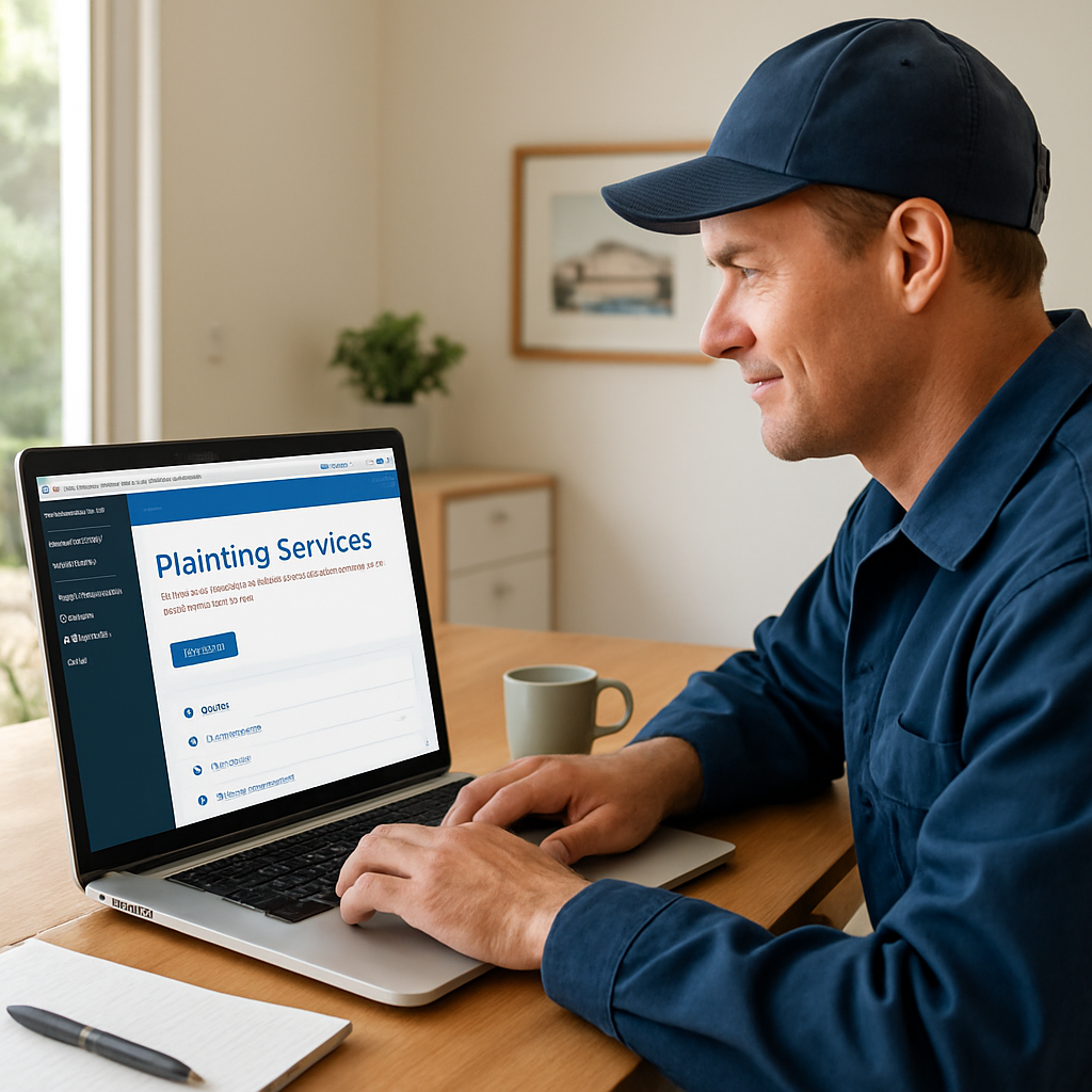 A plumber sitting at a desk with a laptop open to a CMS dashboard, showing a mobile‑friendly service page layout. Alt: website design for plumbers selecting a CMS and comparing features.