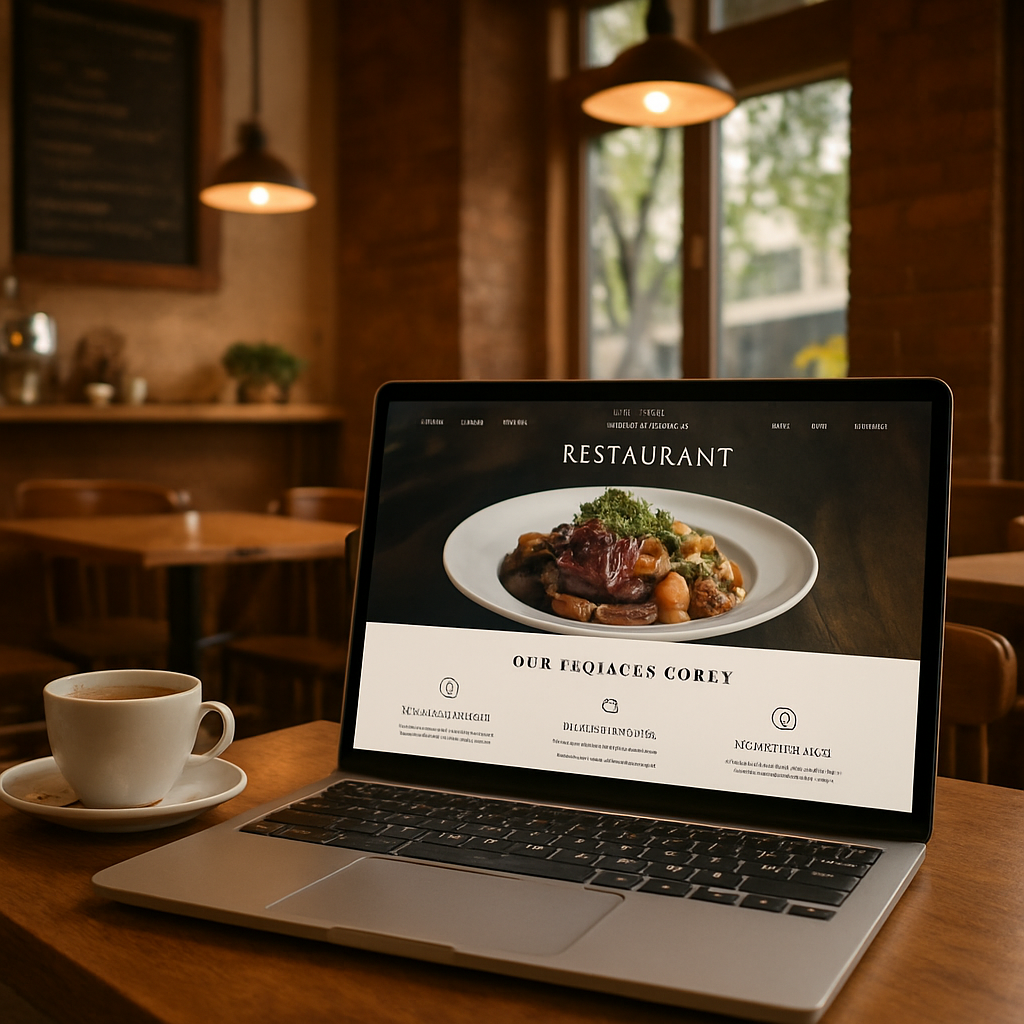 A cozy Brisbane café interior with warm lighting, wooden tables, and a laptop displaying a sleek restaurant website design. Alt: website design for restaurants brand and goals illustration