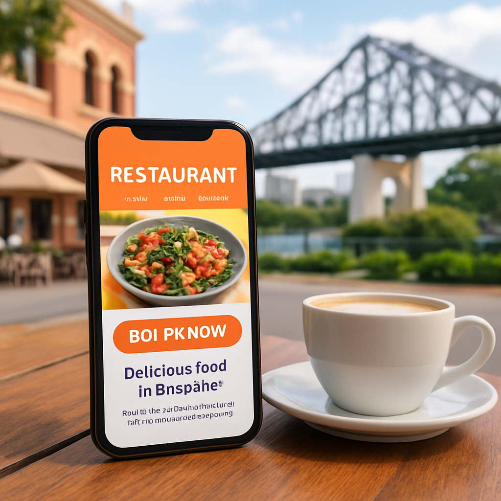 A Brisbane cafe table with a smartphone displaying a fast‑loading restaurant website, bright colours, clear “Book Now” button. Alt: Mobile‑optimized website design for restaurants improves local search visibility