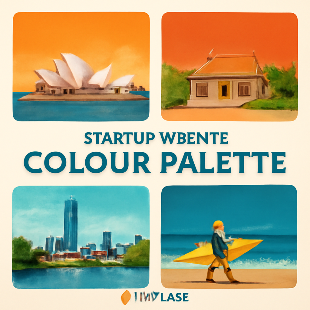 A colourful mood board of a startup website palette, with warm and cool tones arranged in swatches. Alt: Startup website colour palette illustration.