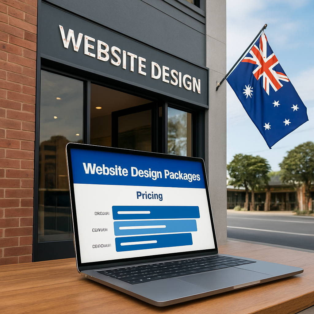 A modern Australian storefront with a sleek laptop displaying a responsive website design mock‑up. Alt: website design packages pricing illustration showing layered cost components for small businesses in Australia.