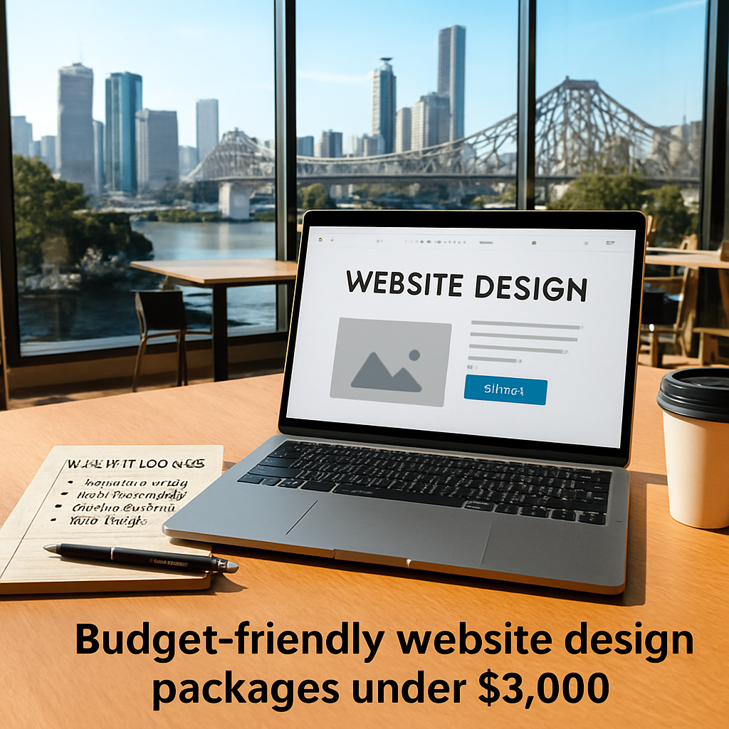 A sunny Brisbane co‑working space with a laptop displaying a clean website template, a coffee cup, and a notepad listing website features. Alt: Budget‑friendly website design packages pricing under $3,000 example.