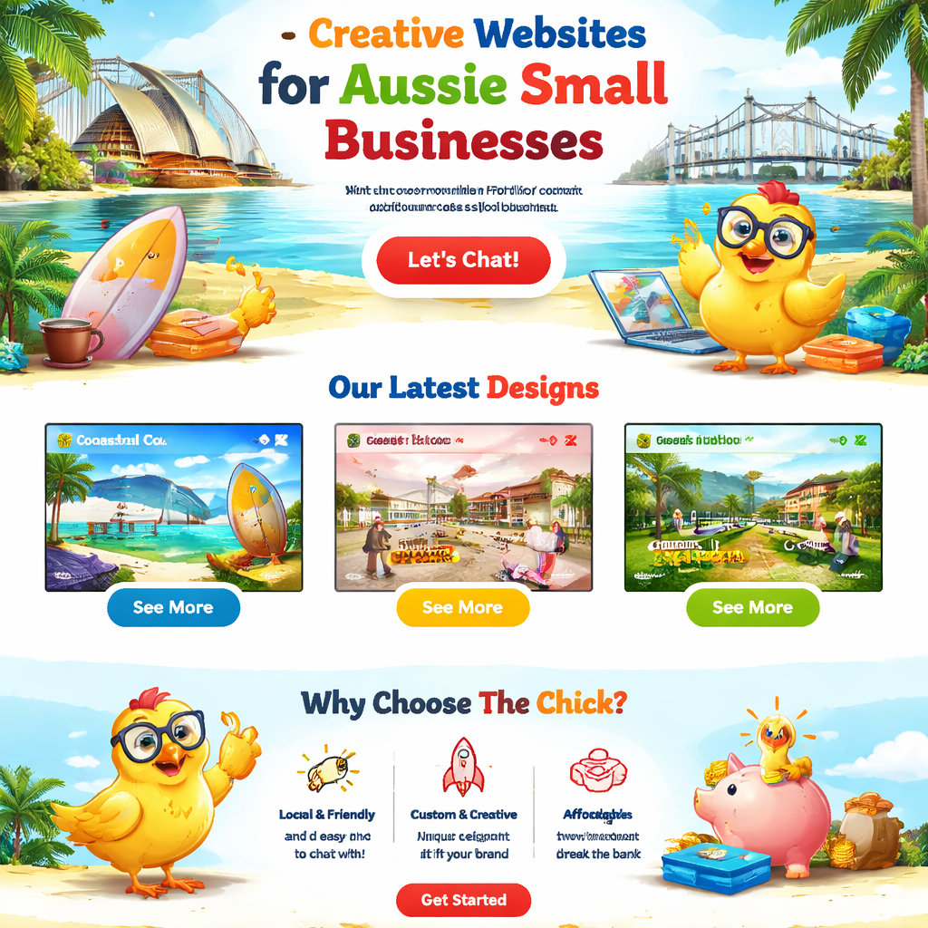 A vibrant website homepage with bold colours and dynamic layout, showcasing a small Australian business website design, Alt: Bold colourful website design portfolio examples
