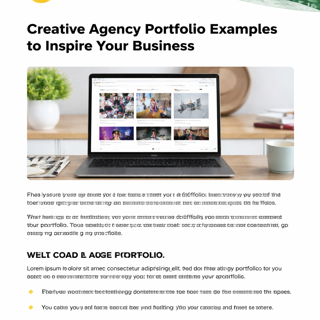 A laptop screen showing a creative agency portfolio with a mosaic grid of project thumbnails, some with hover‑over stats overlays, Alt: Creative agency website design portfolio examples