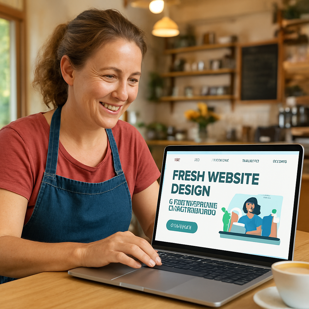 A friendly Aussie small‑business owner checking a laptop with a fresh website design, bright cafe backdrop. Alt: website design subscription for Australian small business.