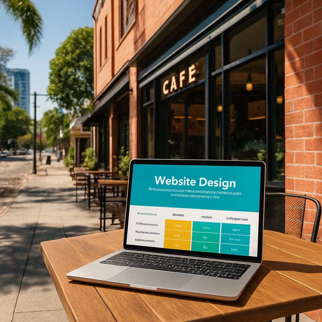 A sunny Brisbane street with a modern café storefront, a laptop open on a table displaying a vibrant website mock‑up. Alt: website design subscription features comparison for Australian small businesses.