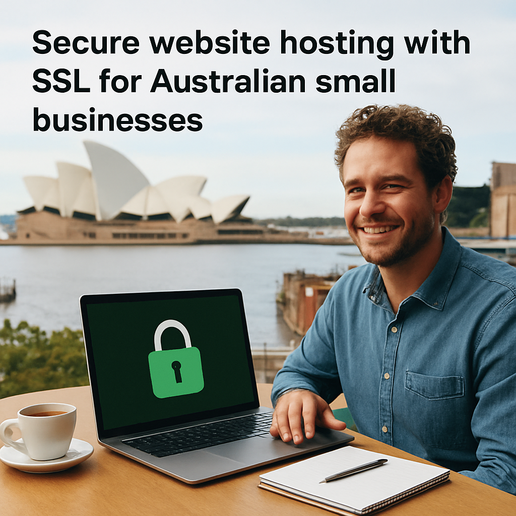 A friendly Australian small business owner sitting at a desk, laptop screen showing a green padlock icon, with a cup of coffee and a notepad. Alt: Secure website hosting with SSL for Australian small businesses