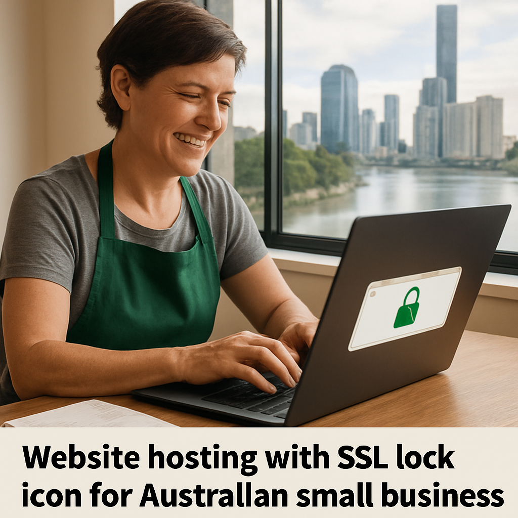 A small Australian retail owner looking at a laptop screen showing a green padlock in the browser address bar, office window revealing a Brisbane skyline. Alt: website hosting with SSL lock icon for Australian small business