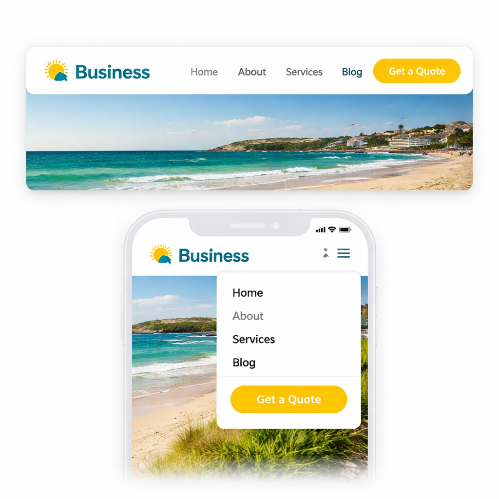 A clean, modern website navigation bar displayed on a desktop and mobile screen, showing a simple menu with a highlighted call‑to‑action button. Alt: Clean and simple website navigation example for small businesses.
