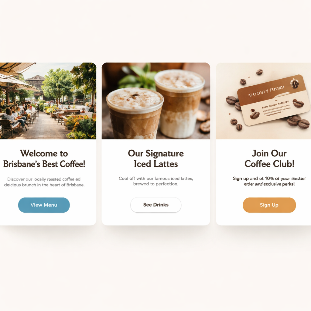 A clean, responsive card grid on a Brisbane coffee shop website showing a headline card, a product photo card, and a CTA card with ample whitespace. Alt: website layout ideas using card hierarchy for small business websites.