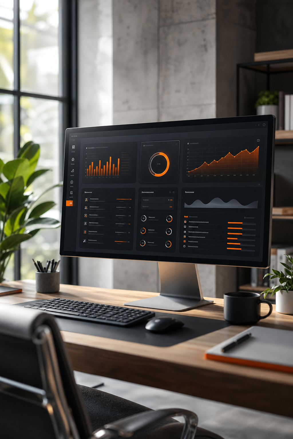 A sleek, modern office with a large monitor displaying a cinematic website dashboard with AI metrics, in a bright workspace with plants and clean lines. Alt: Umania Labs AI-enhanced website maintenance dashboard.