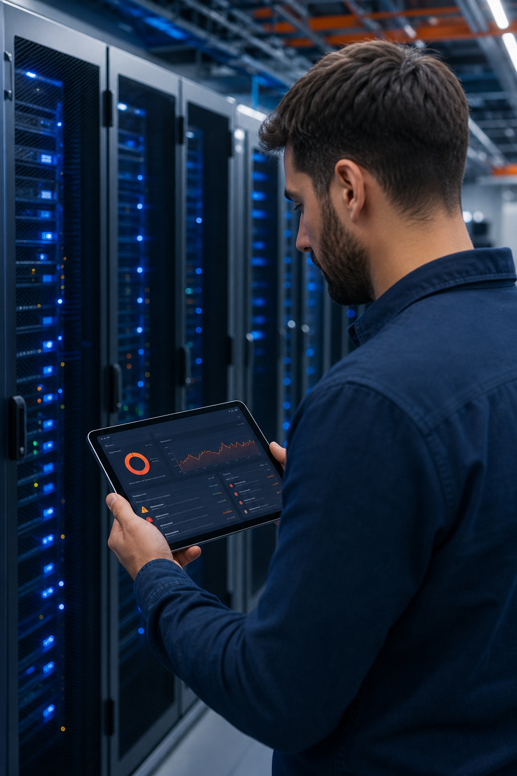 A photorealistic server room with glowing blue lights, a technician in the foreground checking a tablet showing security alerts and speed metrics. Alt: Website security and performance monitoring by specialists.