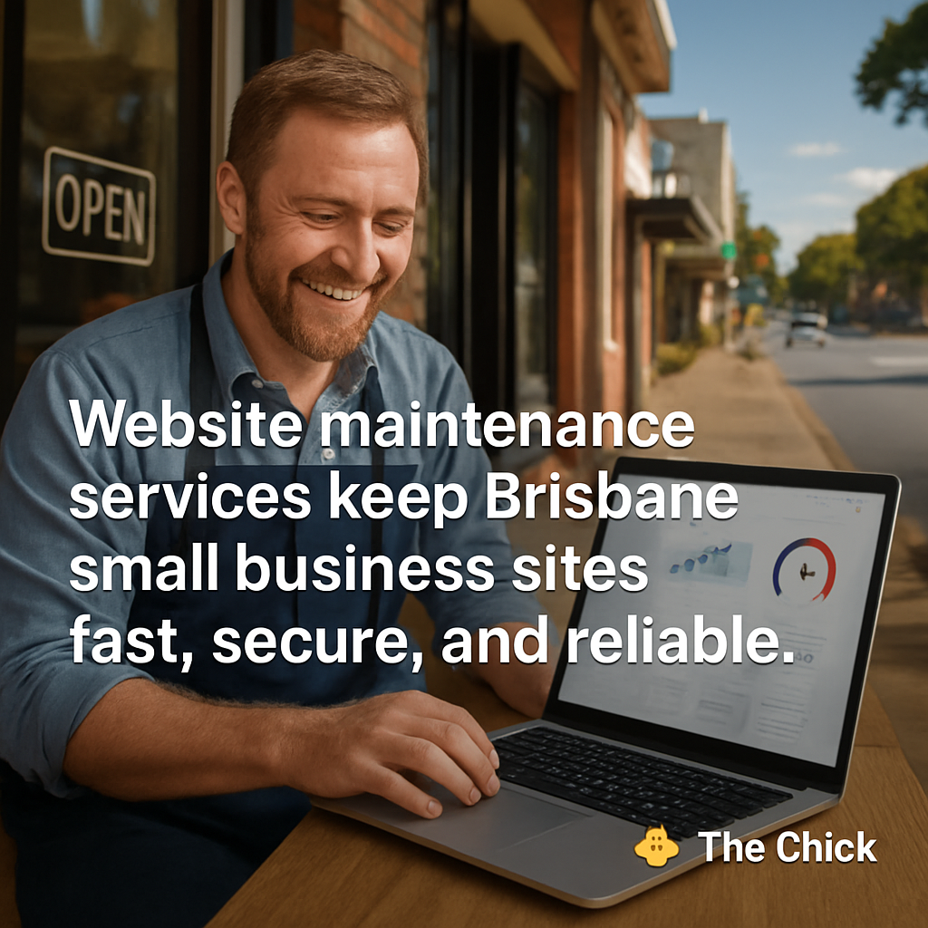 A friendly Brisbane storefront owner looking at a laptop showing a website dashboard, with a background of sunny streets and a subtle hint of a digital speedometer. Alt: website maintenance services keep Brisbane small business sites fast, secure, and reliable.
