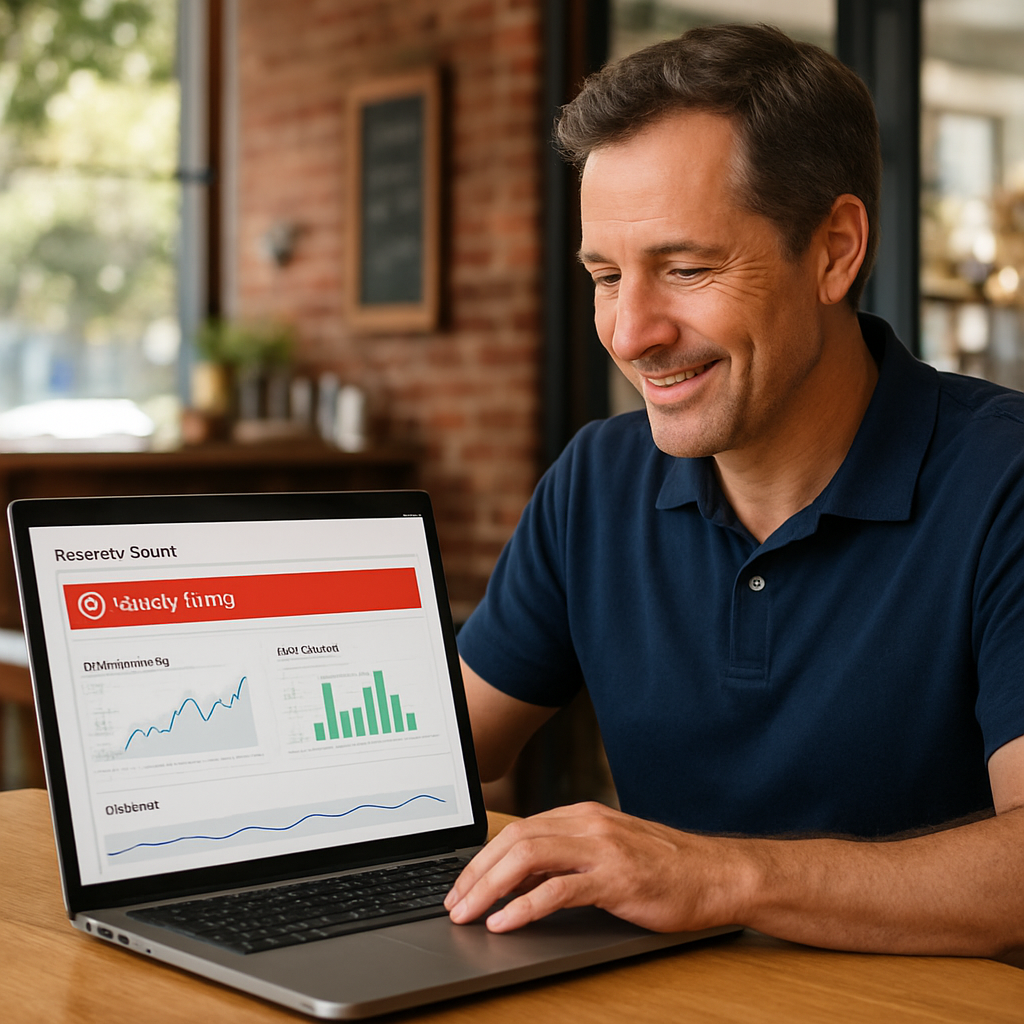 A Brisbane small‑business owner checking a website health dashboard on a laptop, showing security alerts and performance graphs. Alt: Monitoring website security and performance with website maintenance services.