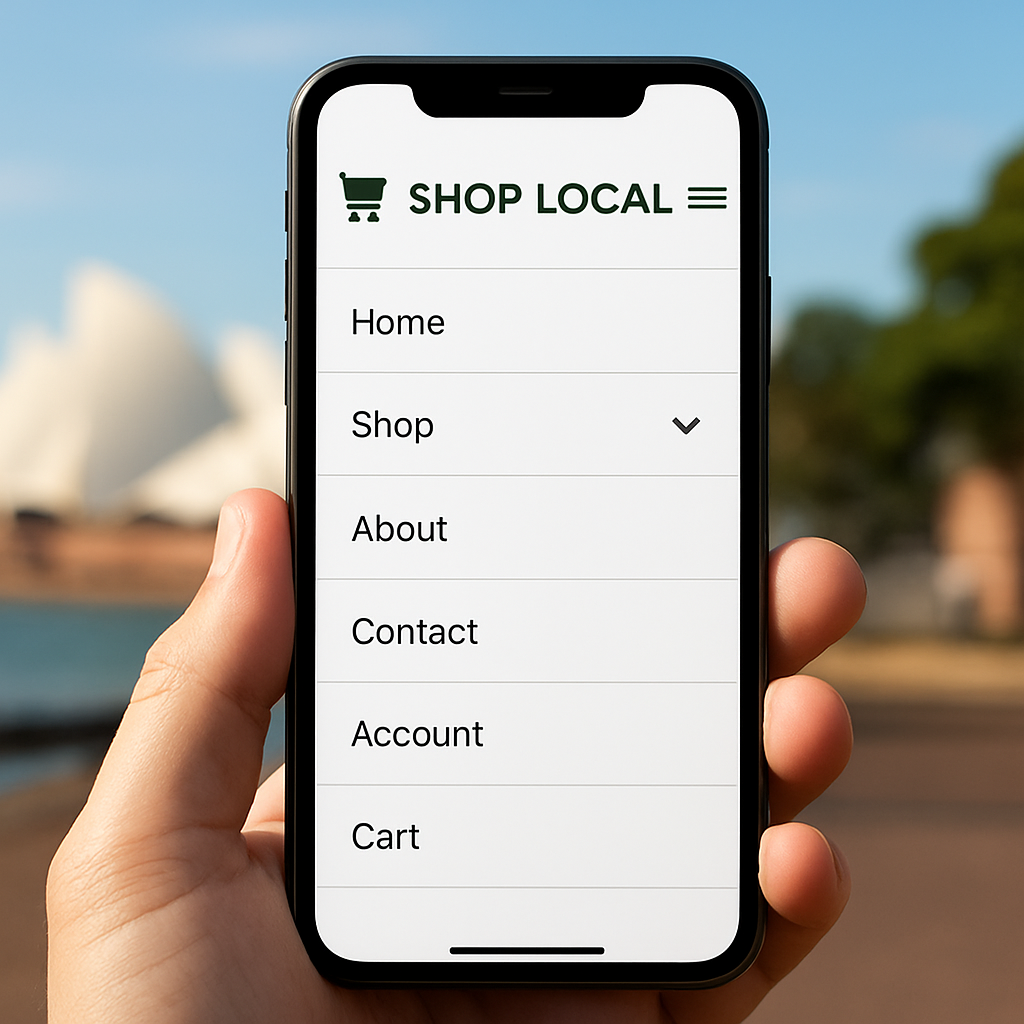 A mobile phone showing a clean collapsible navigation menu on an Australian e‑commerce site. Alt: Optimize mobile navigation for website navigation best practices.