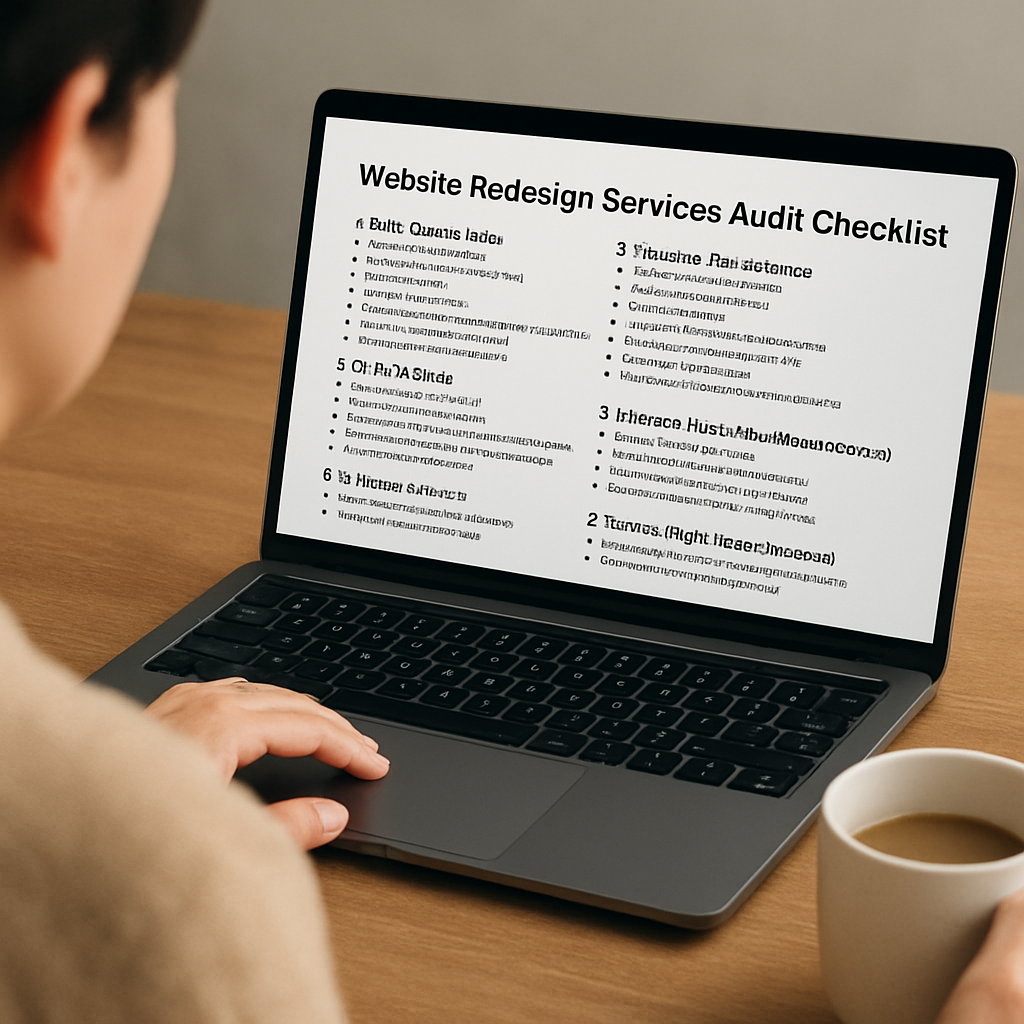 A small business owner reviewing a website audit checklist on a laptop, with a coffee mug beside them. Alt: website redesign services audit checklist for small businesses