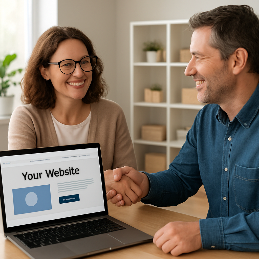 A friendly designer and a small‑business owner shaking hands over a laptop showing a website mockup. Alt: website redesign services partner meeting with small business owner in Brisbane.