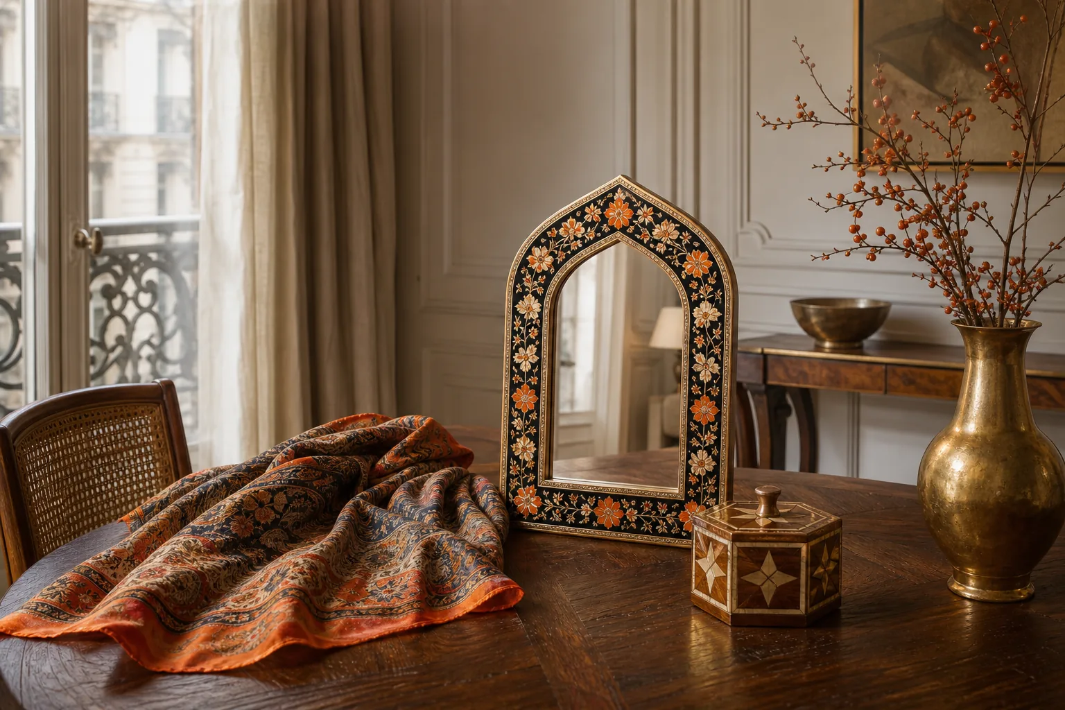 hand-painted Persian mirror and artisan décor styled for a wedding anniversary